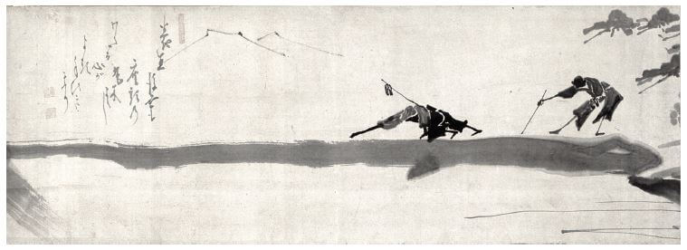 Two Blind Men on a Bridge. Ink on paper, 28 x 83.8 cm. Manayan Collection.