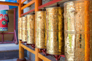Prayer wheel at 14th Dalai Lama Birthplace, Taktser, Tibet. Haidong, Qinghai, China